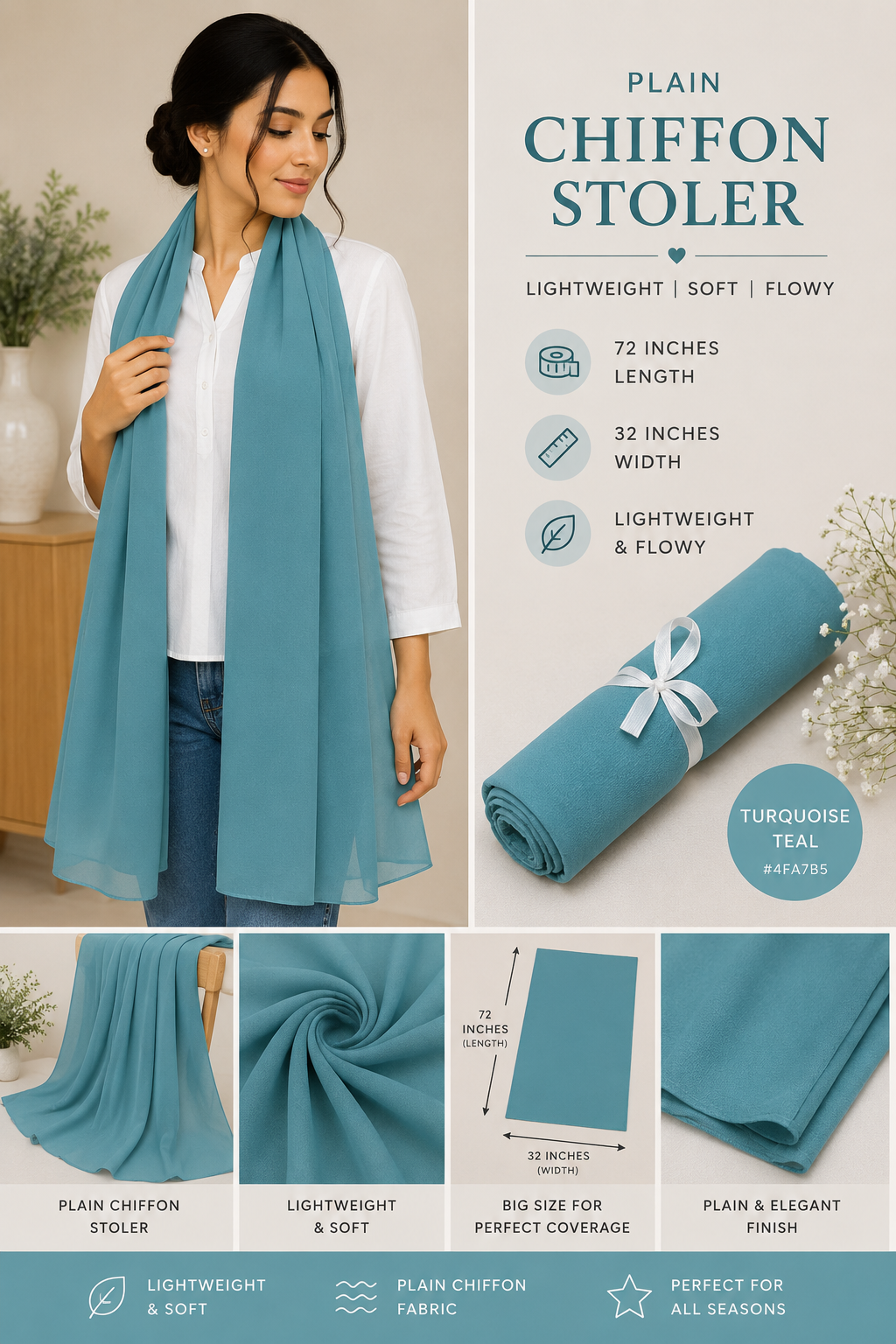 Plain Chiffon Scarf – Turquoise Teal